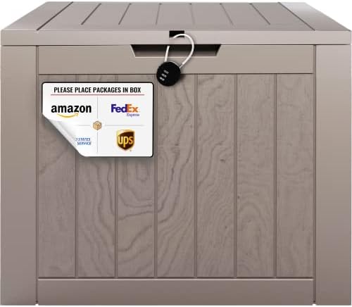 QFAR 31 Gal Deck Box Outdoor Storage Box Waterproof - Package Delivery Boxes, Patio, Porch, Backyard Small Lockable Bench Box for Pool Accessories & Toys, Cushions, Hose, Gardening Tools, Outside/ Indoor Resin Bin - Padlock & Deliveries Sign Included