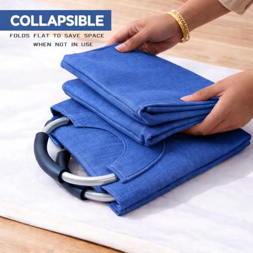 Image of DecorTwist Structured Fabric Laundry Basket with Metal Handles | Large Carry Basket for Clothes Toys & Storage | Foldable & Multipurpose | L40xW26xH38 cm | Blue