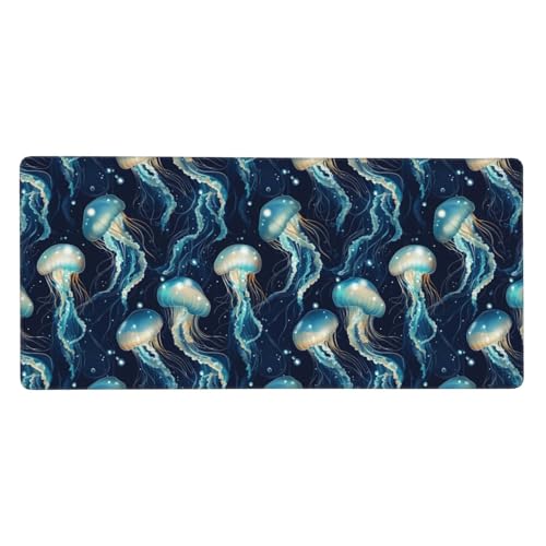 Grand tapis de souris méduse verte pour bureau et jeu PC avec bords cousus