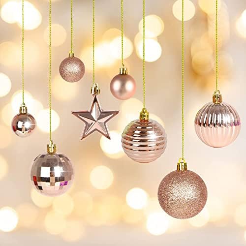 VEYLIN Christmas Tree Decorations Set of 40 Rose Gold Christmas Baubles Hanging Ball Tinsel Garland Star Tree Topper Ornaments
