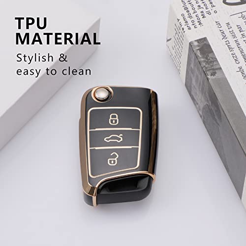 Image of Keyzone TPU car Key Cover and Keychain Compatible for Skoda Slavia, Kodiaq, Kushaq, Karoq, Octavia 3 Button flip Key (Gold Black with Gold Black KZ Keychain)