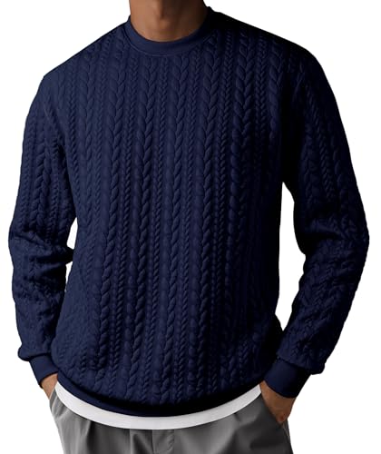 JMIERR Mens Fall Sweaters Fashion Sweatshirts Long Sleeve Lightweight Shirt Texture Crewneck Pullover Clothes, XL, Navy Blue