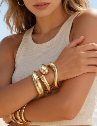 Image of Chunky Gold Bangle Bracelets for Women, Dainty 14k Gold Plated Big Stackable Bangles Set, Trendy Statement Cuff Bracelet Stack Fashion Jewelry Gifts