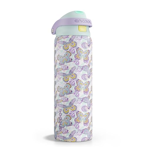 Image of ENCOOL Leakproof Insulated Water Bottle with Straw Dual-Sip Water Bottle Bag-Safe Design for Work, Commute & Gym - Keeps Drinks Cold All Day, 32 oz, Mosaic Butterfly