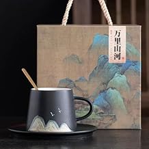 7 oz Coffee Cup, Ceramic Espresso Mugs, Porcelain Tea Cup Set with spoon & gift box, Small Coffee Cups for Latte, Espresso, Tea,Dishwasher and Microwave Safe Black