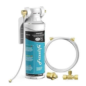 Frizzlife Inline Water Filter System for Refrigerator, Ice Maker, Under Sink, Certified 0.5 Micron Reduces Chlorine, Lead, Long Lasting, Compression Brass Fittings Fits for Copper Tubing, MS99