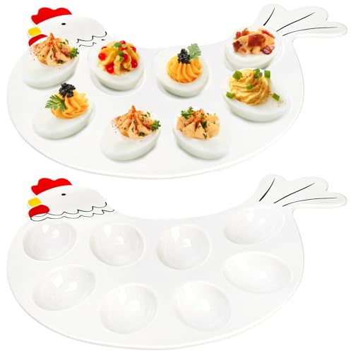 Hedume 2 Pack Deviled Egg Platter Tray, Ceramic Hen Modelling