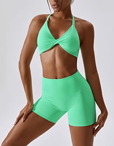 Abociw Workout Sets For Women 2 Piece Yoga Outfits Twist Front Halter Sports Bras Tummy Control High Waist Booty Biker Shorts Exercise Gym Sets For Women Green Medium #TOP4