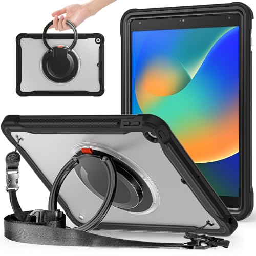 Coque iPad 10.2 antichoc transparente avec support rotatif 360 et porte-crayon noir