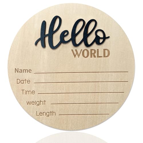 Image of DUOJINSANXI Baby Announcement Sign, ​5.9 Inch Wooden Hello World Newborn Signs, Birth Announcement Sign, Baby Shower Hospital Nursery for Newborn Boys and Girls (Black)
