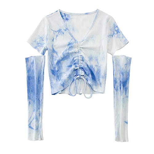 Mtalii Women's V Neck Ruched Drawstring Front Crop Tops Cut Hollow Out Long Sleeve T-Shirts Tie-dye Streetwear Tee (XL, Tie-dye Blue&Cutting Long Sleeve)