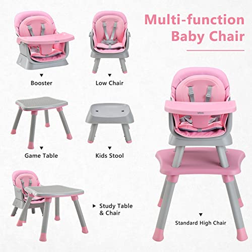 Image of INFANS 8 in 1 Baby High Chair, Convertible Highchair for Babies and Toddlers, Infant Dining Booster Seat, Building Block Table, Kids Stool Table Chair Set with Removable Tray (Light Pink)
