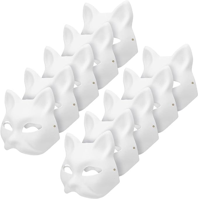 Lianxiaw 10PCS Cat Mask Therian Masks, White Paper Pulp Blank Cat Masks to Paint Blank Animal Dress Up Masks DIY White Masks Half for Masquerade Halloween Kids Cosplay Masks Costume Party Favors