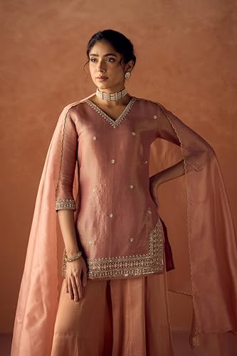 Image of FIORRA Women Peach Tissue Blend Hand Embroidered Kurta Set with Dupatta