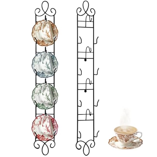 Blulu 2 Pcs 36'' x 5'' Tea Cup and Saucer Display Stand 4 Tiers Vertical Wall Mounted Cups and Plate Holder Wall Plate Hangers Decorative Brackets for China Coffee Mug Organizer Farmhouse (Black)