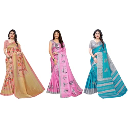 Image of Yashika Women's Sarees Women's Combo Art Silk Printed Saree With Unstitched Blouse Piece |saree for Women | saree combo | New Sari | Saree Pack Of 3