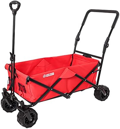 Red Wide Wheel Wagon All-Terrain Folding Collapsible Utility Wagon with Push Bar - Portable Rolling Heavy Duty 150 Lbs Capacity Canvas Fabric Cart Buggy - Beach, Garden, Sporting Events, Park, Picnic