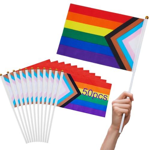 Aqltidiz Rainbow Flags 50 Pack Small Mini Hand Held Stick Flags Ideal for LGBT Parades Pride Month Office & Home Decor Multicolor 11.8 inches x 8.2 inches