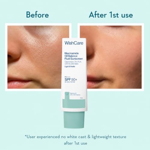 Image of WishCare Niacinamide Oil Balance Fluid Sunscreen SPF 50 PA++++, 80ml | In-Vivo Tested, Lightweight & No White Cast, Photostable Sunscreen For Oily Skin with 8Hrs+ SPF Protection, For Women & Men