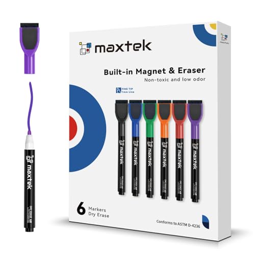 maxtek Dry Erase Markers - 6 Count Colorful Magnetic Dry Erase Markers Fine Tip with Eraser, Low...