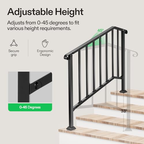 Image of VIVOSUN 4-Step Railing 54 inchx36 inch Wrought Iron with Curved & Balusters Black | Sturdy wrought iron handrail with curved ends and balusters for elderly; rustproof black; full hardware; for porch and deck