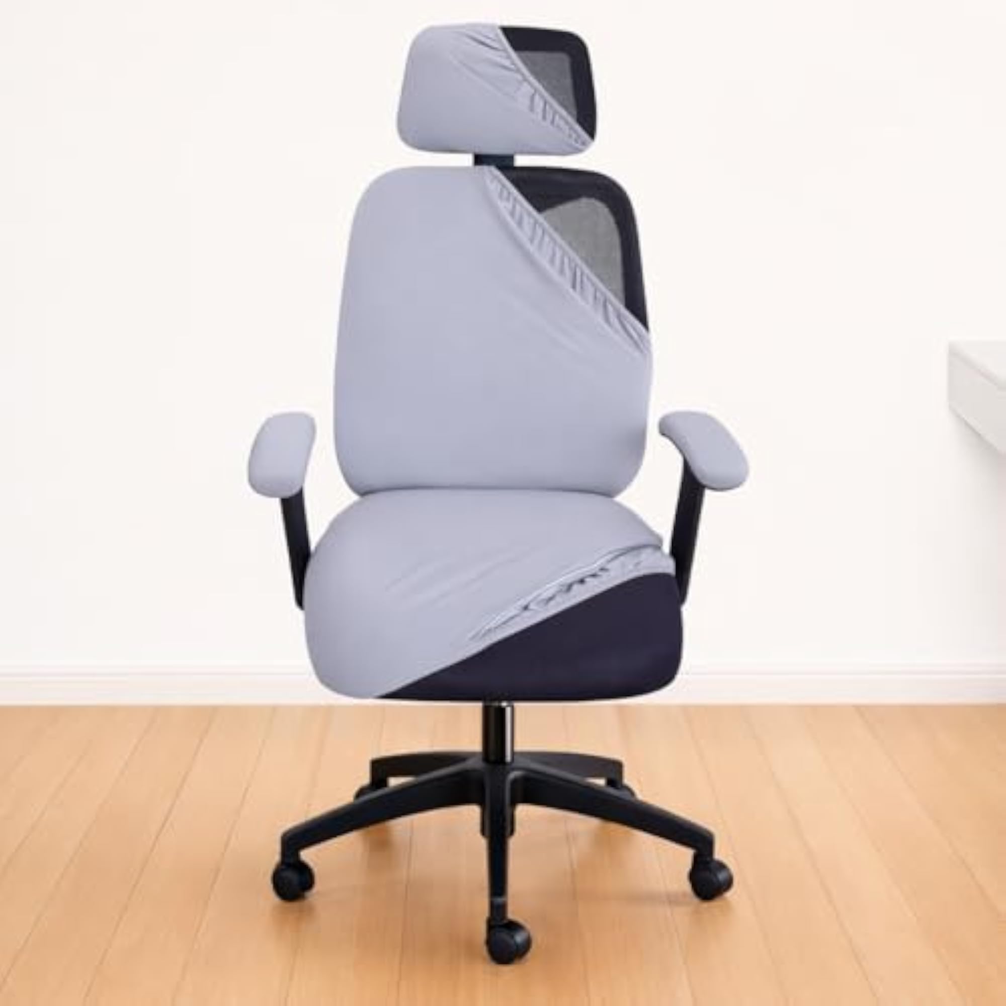 Stretchable Grey Office Chair Cover Set with Headrest & Armrest Covers