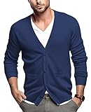 QUALFORT Mens V-Neck Cardigan Sweater 100% Cotton Pockets Casual Slim Fit Knitted Sweaters Button up Dark Blue Large