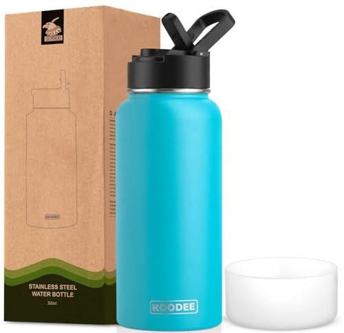 Image of koodee 32 oz Water Bottle with Wide Handle Straw Lid, Vacuum Insulated 18 /8 Stainless Steel Wide Mouth Flask (Sky Blue)