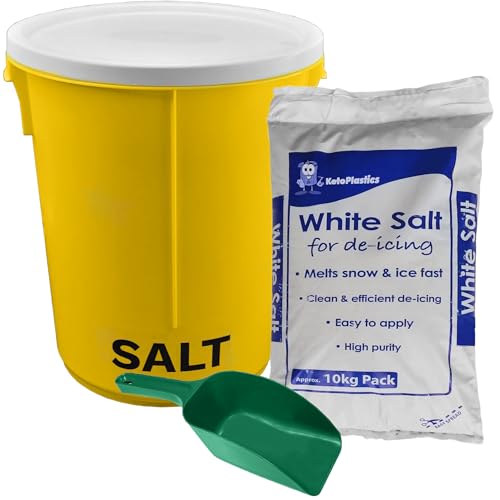 KetoPlastics 25L Yellow Grit Salt Bin 43cm with Lid and 10kg White De-icing Salt for Driveway, Path and Patio with Scoop