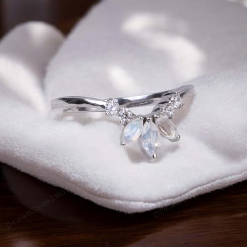 14k White Gold Band Moonstone Wedding Band Curved Diamond Jewelry Dainty Promise Ring June Birthstone Gifts Marquise Cut Gemstone Bands3