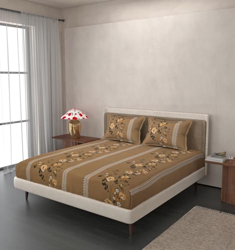 Image of VOMZER King Size (72x78) 300 TC Soft Cotton Feel Microfiber All Around Elastic Fitted Double Bedsheet with 2 Pillow Covers | Beige Lily
