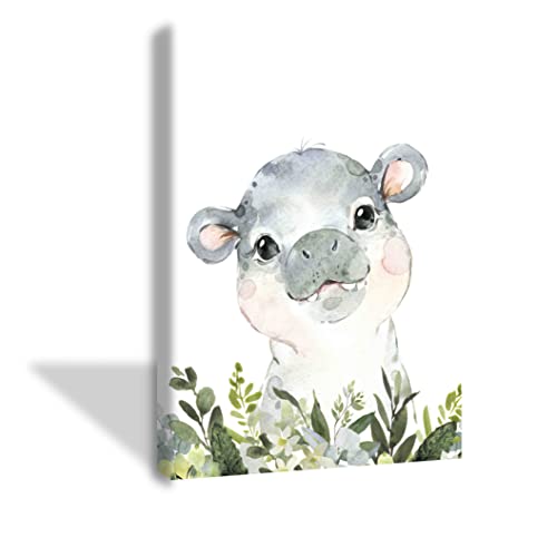 Image of TKIEBTDID Young Hippo Canvas Wall Art Animals Cute Baby Hippo Canvas Poster Wall Art Decoration For Living room Washing room Children's room Bathroom Office Home Decoration