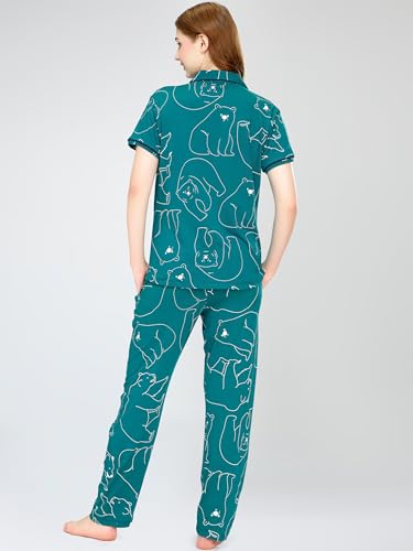 Image of ZEYO Night Suit for Women's Polar Bear Printed Cotton Night Dress of Shirt and Pajama Set 5756