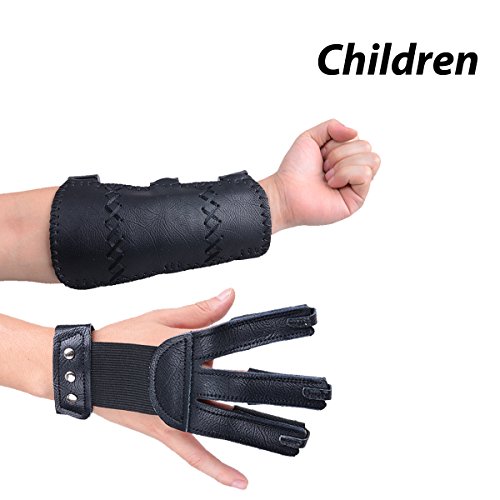 XTACER (Leather Finger Protector & Arm Guard 3-Strap Ventilated Finish Arm Guard with Three Fingers Design Archery Finger Protector Black - Leather (for Children)