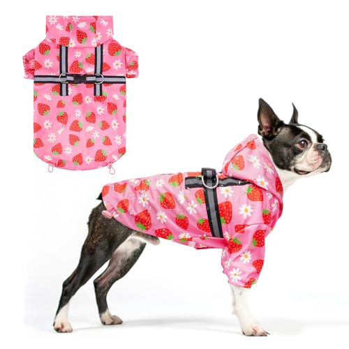 Image of BEAUTYZOO Dog Raincoats for Large Dogs, Waterproof Rain Jacket with Hood | Puppy Rain Jacket with Harness, Reflective Poncho with Harness Built in, Rain Gear Clothes with Hat for Boy Girl, Pink L