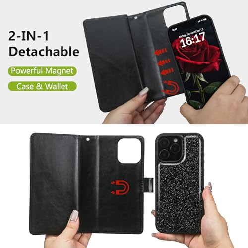 Varikke for iPhone 12 Wallet Case Detachable with Card Holder for Women, Fashion Glitter PU Leather Strap Strong Magnetic Flip Wallet Removable Phone Case Cover for iPhone 12 & 12 Pro 6.1", Black by Varikke - Image 4