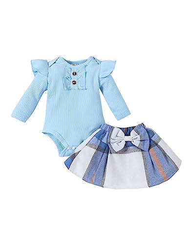 Borlai Conjunto Bebé Niña Manga larga de canalé Volantes Pelele Vestido Tutú de Princesa con Falda a Cuadros 2 piezas Conjunto