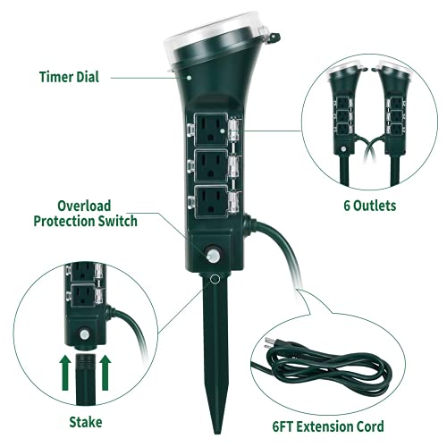 Ipower Bnc-60/U13L Light Timer Waterproof Garden Stake For Christmas, Dawn To Dusk, 6 Grounded Outlets 6 Ft Cord #TOP1