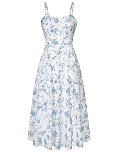 Image of Belle Poque Sun Dresses for Women Spring Summer Floral Midi Flowy Spaghetti Ruffle Wedding Guest Tea Party Dress