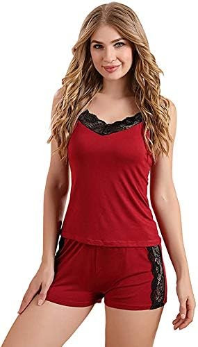 Women's Comfy Lace Maroon Sleepwear Cami Top and Shorts Set – Soft, Stylish, and Comfortable Loungewear-image-3