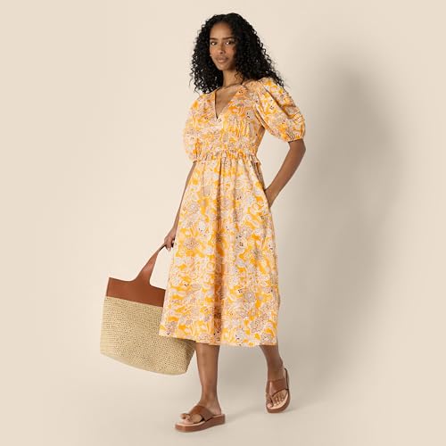 Image of Amazon Essentials Women's Regular-Fit Cotton Sateen Puff Sleeve Midi Dress, V-Neck
