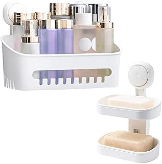 LEVERLOC Suction Cup Shower Caddy & Soap Holder Pack of 2 Shower Shelf NO-Drilling Removable Bathroom Organizer Set Heavy Duty Basket for Bathroom & Kitchen - White in Plastic