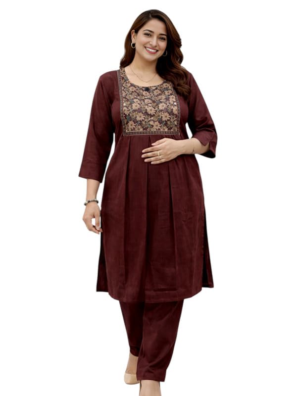 Image of RITIJYA Pure Cotton Feeding Kurta Pant Set for Women | Floral Anarkali Pregnancy Dress with Concealed Nursing Zipper Side Pocket | Pre & Post Partum | Maternity Dresses | Baby Shower Outfit