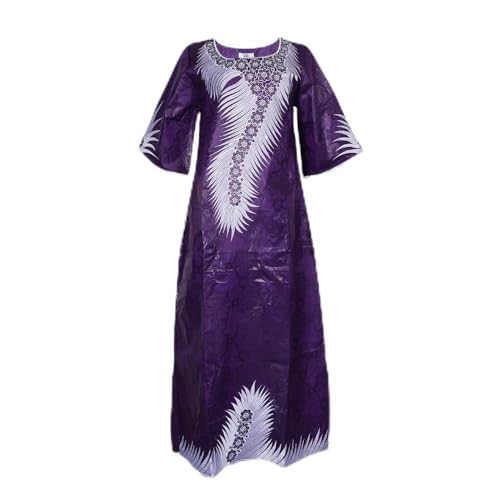 Image of HD African Bazin Riche Maxi Dress for Woman Traditional Embroidery Dashiki Dresses with Head Wraps