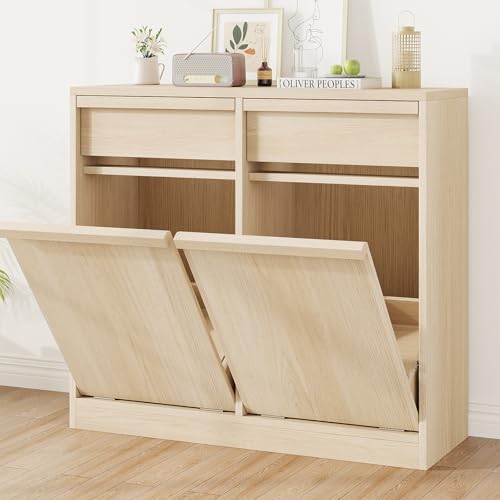 GarveeHome Double Tilt Out Trash Cabinet, Modern Trash Cabinet with 20 Gallon Storage, Hidden Freestanding Garbage Can Cabinet Laundry Hamper for Kitchen Dining Living Room