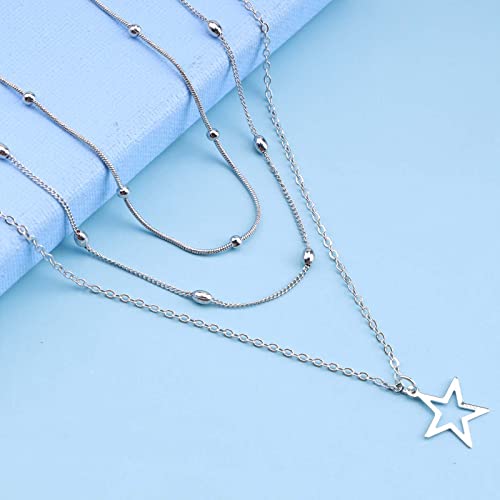 Boho Layered Star Choker Necklace Silver Star Pendant Necklaces Layering Satellite Chain Necklaces Outline Star Necklace Chain Jewelry for Women4