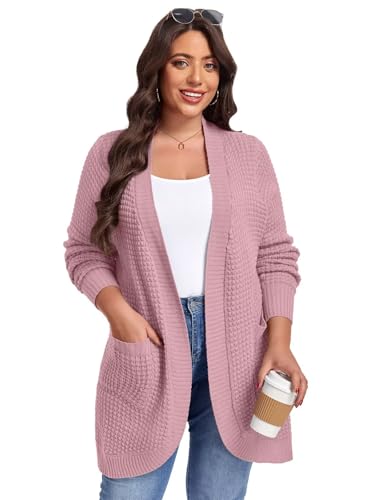 Image of LARACE Long Cardigans for Women Plus Size Tops Open Front Sweaters with Pockets Waffle Ribbed Sleeve Loose Fall Outwear