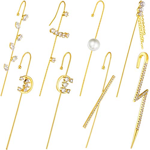 8 Pieces Ear Cuffs Crawler Hook Earrings for Women Piercing Ear Cuff Wrap Climbers Earrings Gold Plated Rhinestone Faux Pearl Hook Earrings for Christmas, Party and Daily