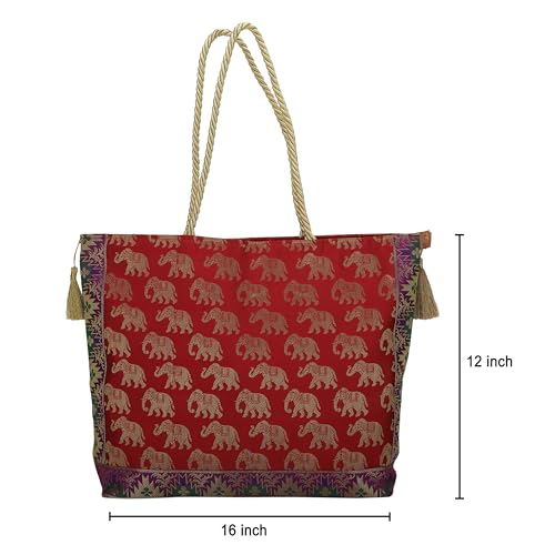 Image of Designer Ethnic Handmade Brocade Silk Tote Bag For Women's Shoulder Bag Shopping Bag For Girls 16 Inch