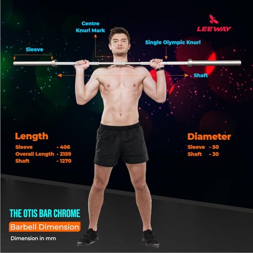 Image of Leeway Olympic Weight Lifting 50kg Set | 7ft Chrome Barbell + 51mm Rubber Coated I Plates | Heavy Duty Home Gym & Commercial Fitness Equipment | (Black, 50kg Set (2.5kgX2 + 5kgX2 + 7.5kgX2 + 10kgX2))